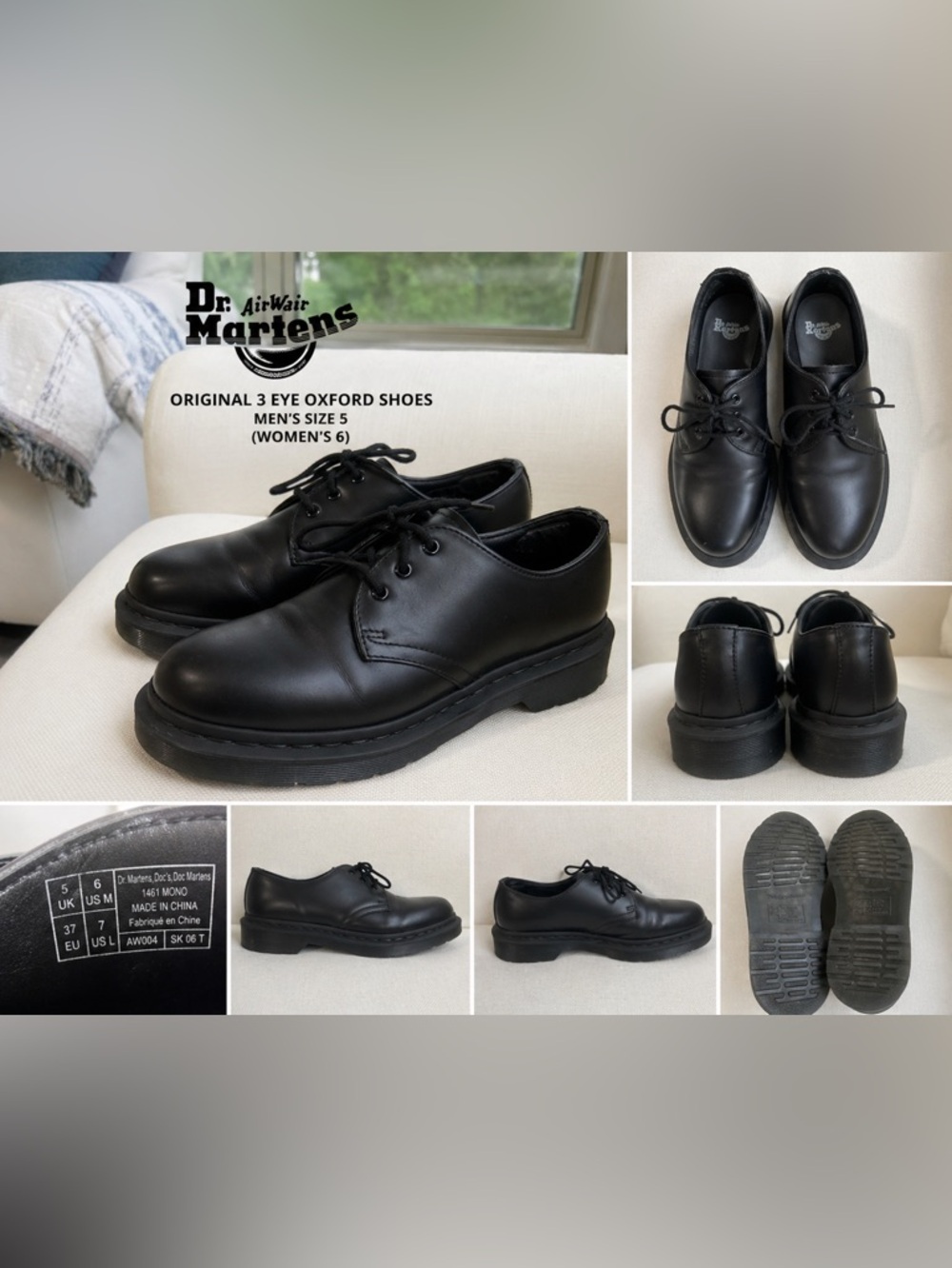 Dr. Martens Original 3 Eye Oxford Shoes Black Leather Lace Up Men’s 5